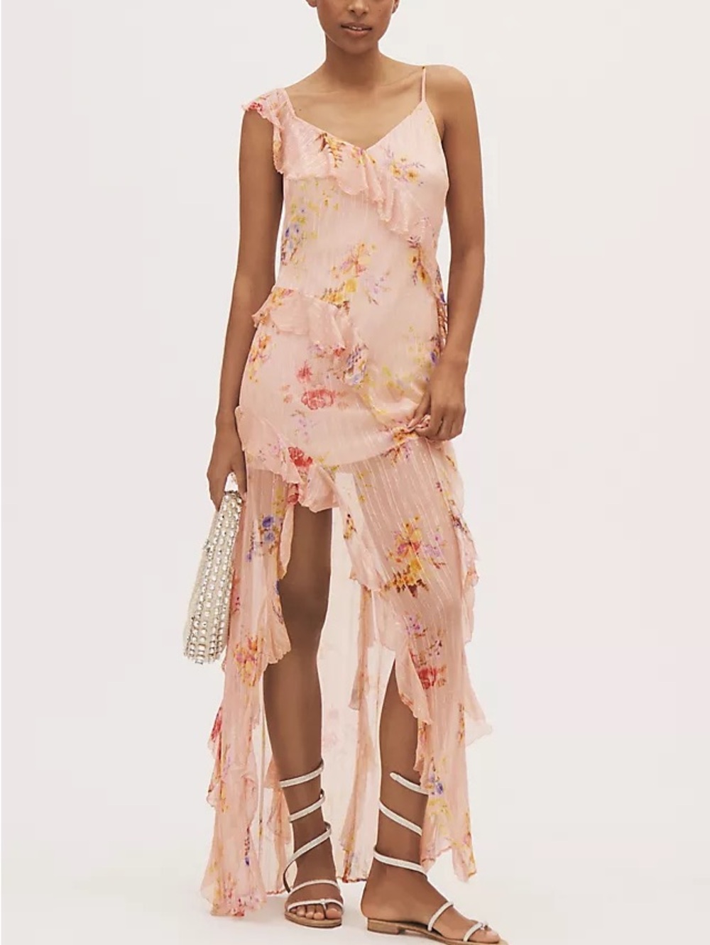 Anthropologie BHLDN Rae Asymmetric Ruffle Printed Maxi Dress Pink Floral NEW XL